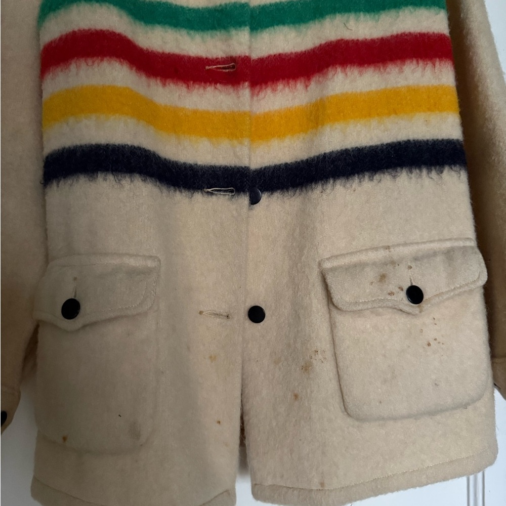 VTG Hudson Bay Cream Wool Pea Coat with Multicolor Stripes - Picture 2 of 8